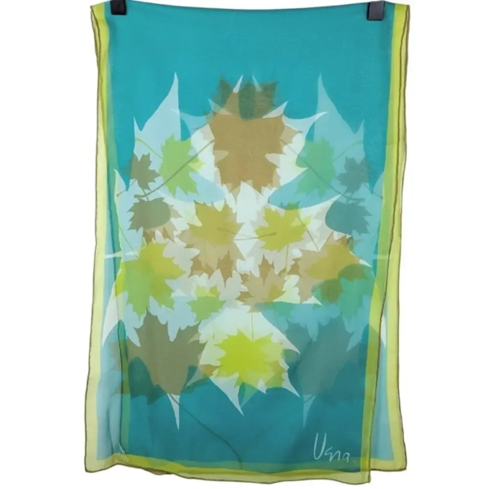 Vintage 70s Vera Neumann Sheer Green Autumn Leaves Silk Blend Rolled Scarf